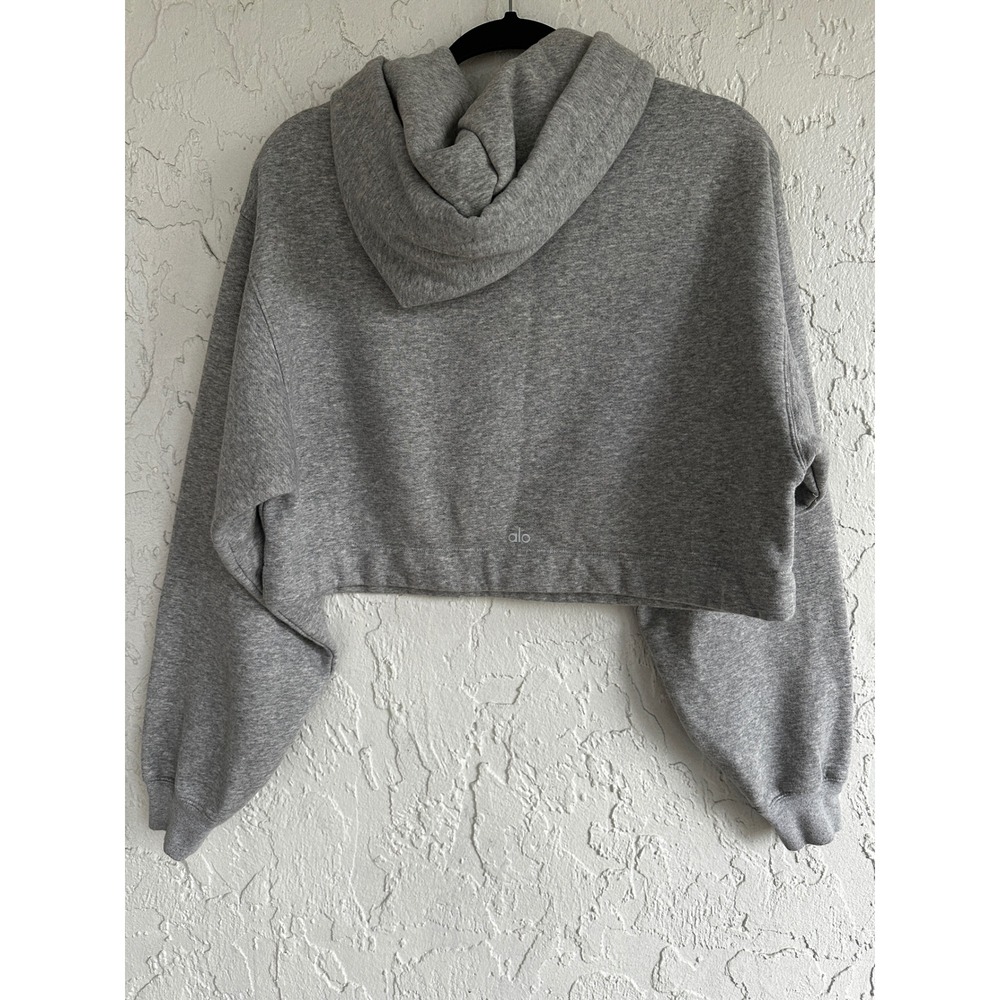 Alo Yoga Womens XS Heather Gray Cropped Fleece Hoodie Sweatshirt Drawstring